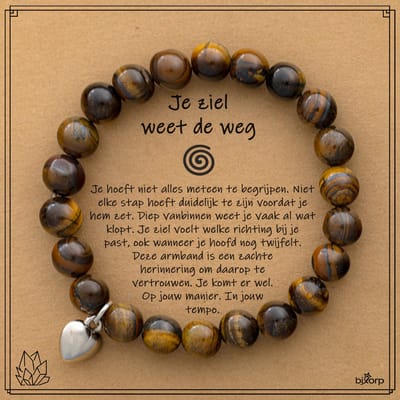 Bixorp Tijgeroog Armband op Cadeau Kaartje - Je ziel weet de weg - 8mm / 17cm Edelsteen Kralenarmband - Met hartje Hanger - Inclusief Cadeau Envelop