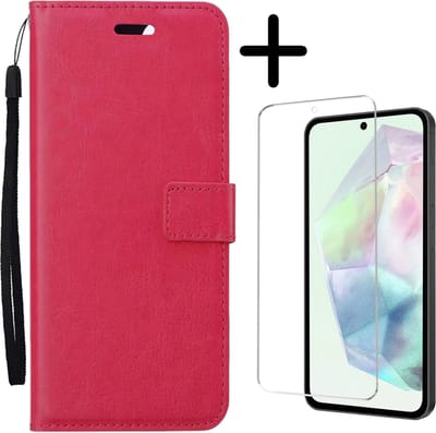 Hoesje Met Screenprotector - Geschikt voor Samsung Galaxy A35 - Luxe Pasjeshouder - Bookcase Portemonee - Flip Case - Kunstleer Book Case - Flipcase - Book Cover - Walletcase - Portemonneehoes - Donkerroze