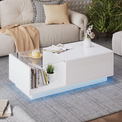 STILVORA Salontafel - Hefbare Tafel Met Verborgen Opbergruimte En RGB-LED Met App-Bediening - Voor Eten Werken En Gamen - Spaanplaat - 100x50x33-46.5 cm - Wit