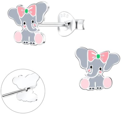 Joy|S - Zilveren olifant oorbellen - grijs met roze strikje - massief - 8 mm - sterling zilver 925 - kinderoorbellen