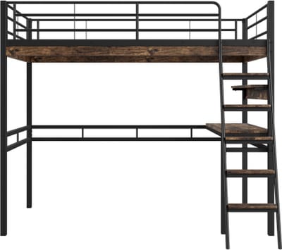 Hoogslaper met bureau ladder planken ijzeren frame 90x200cm slaapkamermeubel jeugdbed volwassen bed logeerbed metalen bed