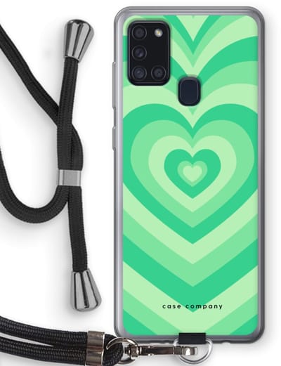 Case Company® - Hoesje met koord geschikt voor Samsung Galaxy A21s hoesje met Koord - Hart Groen - Telefoonhoesje met Zwart Koord - Bescherming aan alle Kanten en Over de Schermrand