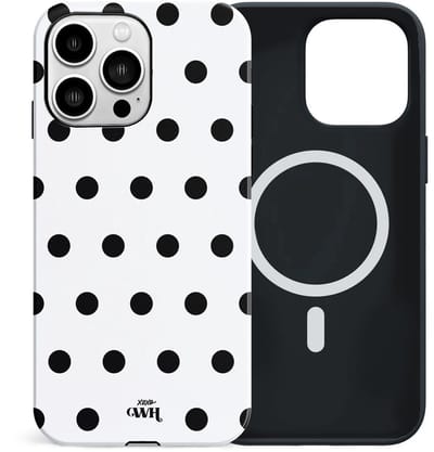 xoxo Wildhearts Polka Dots (Wit) - Double Layer - Magnetisch hoesje geschikt voor iPhone 13 Pro MagSafe - Hard case met stippenpatroon - Beschermhoes - Shockproof case - Stippatroon - Wit / Zwart