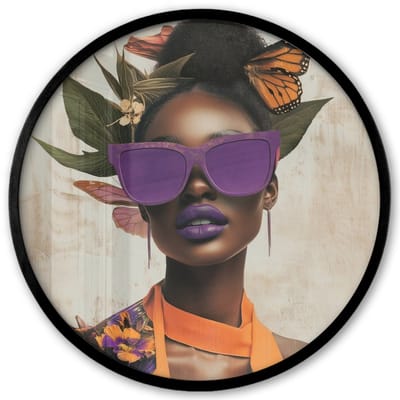 Poster in lijst Rond - Fotolijst 40x40 cm - Posters - Vrouw - Zonnebril - Vlinder - Bloemen - Ronde posterlijst zwart - Decoratie - Wanddecoratie woonkamer - Muurdecoratie slaapkamer