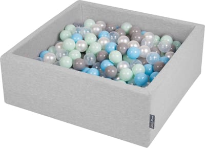 KiddyMoon Ballenbak vierkant voor kinderen 90x30cm - 200 kleurrijke ballen ∅7cm - Speelgoed baby schuim - Ballenbad baby foam - Kunststof ballen - Ballenbak ballen - Voor sensorische - Lichtgrijs: Parel Grijs Transparant Babyblauw Munt