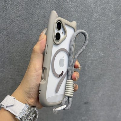 Schattig Kattenoren Magsafe Hoesje voor iPhone 13 14 15 16 Pro Max 11 12 15 16 Plus Transparant PC TPU Armor Hoes met Polsband Ketting For iPhone 14 ProMax