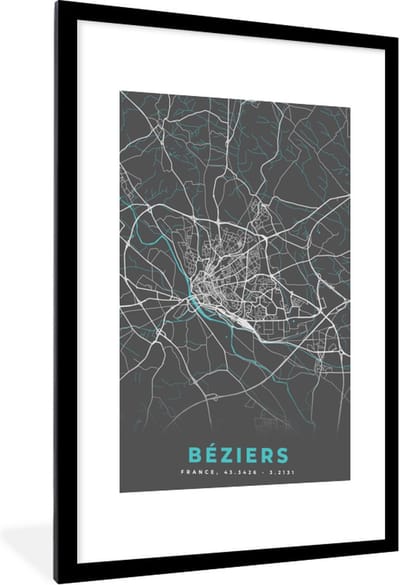 Fotolijst incl. Poster - Béziers – Plattegrond – Frankrijk – Kaart – Stadskaart - 60x90 cm - Posterlijst