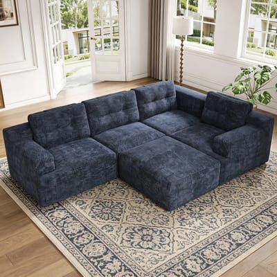 Moderne Hoekbank, L-Bank, U-Bank, 5-Zitsbank, Modulaire Combinatiebank, Flexibel Te Configureren Als L-Vorm Of U-Vorm, Frameloze Constructie Van Schuim, Geen Montage Nodig, Chenille Bekleding-Blauw
