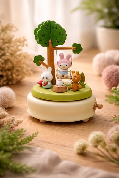 Afecto Muziekdoosje - opwindbaar - hout - Houten Muziekdoos met Draaiplateau en Bosdieren – Kinder Muziekdoosje met Konijntje, Beer en Boom – 17 cm Hoog x 11 cm Breed – Pastel Geel/Groen