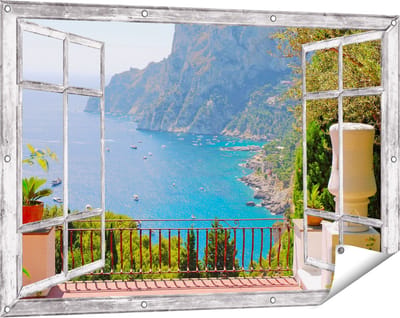 Gards Tuinposter Doorkijk Vergezicht vanaf het Terras op Bergen - 120x80 cm - Tuindoek - Tuindecoratie - Wanddecoratie buiten - Tuinschilderij