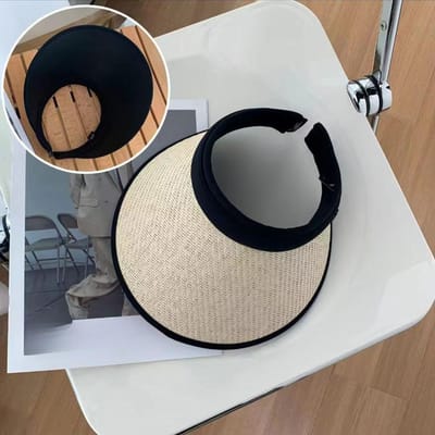 Nouveau Chapeau d'Été de Protection Solaire Bandeau UV Paille Tressée Haut Ouvert Grand Bord Montrant le Visage Petit Chapeau de Paille average size black