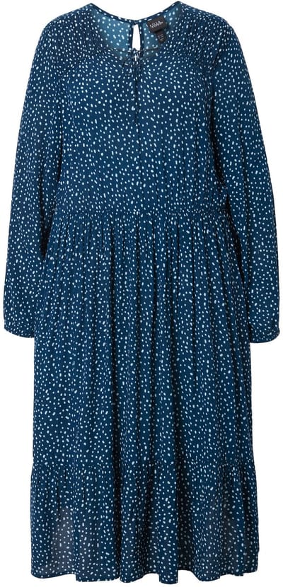 Ulla Popken - Dames - Midi-jurk stipjes A-lijn V-hals lange mouwen - Inktblauw - Maat 46+