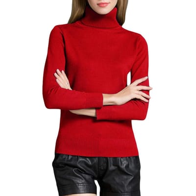 Mode Winter Dames Trui Gebreide Schildpad Hals Lange Mouwen Geribbelde Gebreide Trui Tops M rood