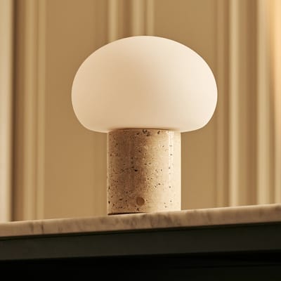 Tavellio Coddé Draadloze Tafellamp – H22 – Travertine en Glas – Tot 100 uur – Beige