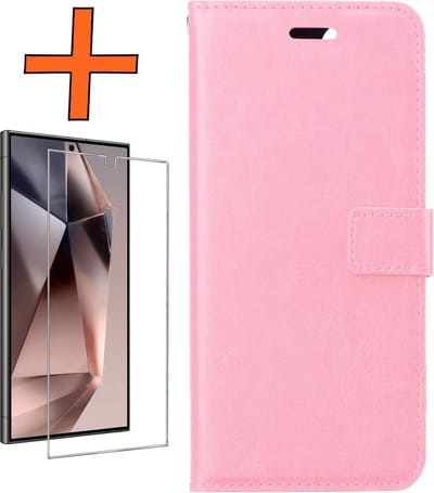 Hoes - Met Screenprotector - Geschikt voor Samsung Galaxy S24 Ultra - Luxe Pasjeshouder - Bookcase Portemonee - Flip Case - Kunstleer Book Case - Flipcase - Book Cover - Walletcase - PortemonneeHoes - Lichtroze