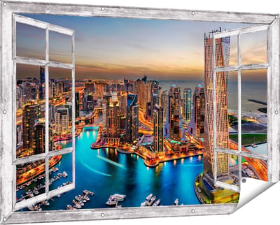 Gards Tuinposter Doorkijk Dubai Haven met de Stad - 150x100 cm - Tuindoek - Tuindecoratie - Wanddecoratie buiten - Tuinschilderij
