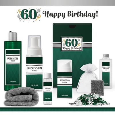 Geschenkset “60 Jaar Happy Birthday!” - 7 producten - 850 gram | Giftset voor hem - Luxe wellness cadeaubox - Cadeau man - Zestig jaar - Gefeliciteerd - Gift Sixty years Party - Verjaardag - Cadeaupakket Deluxe - Vriend - Verjaardagscadeau - Groen