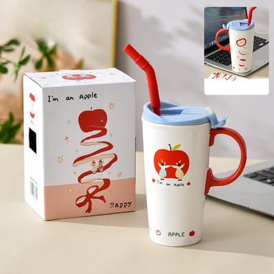 Schattige Rode Appel Hoge Mok Keramische Kop met Deksel Meisje Stel Melk Thee Koude Drank Rietjesbeker 520ml