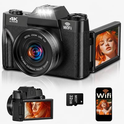 Camera-Digitale Camera 4K - 75MP Vlog Camera met WiFi - 3 Inch 180° Kantelbaar Scherm - Autofocus Compactcamera - Inclusief 1 Accu's en 32GB Geheugenkaart - Zwart