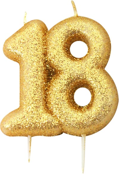 ANNIVERSARY HOUSE - Verjaardagskaarsje op prikker 18 jaar goud glitter 7 cm voor taart