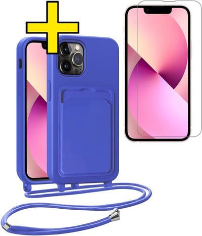 Hoesje Geschikt voor iPhone 13 Pro Telefoonhoesje Met Koord Case Pashouder Met Screenprotector Siliconen - Hoes Geschikt voor iPhone 13 Pro Hoesje Met Kaarthouder - Felblauw