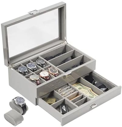 Houten Sieradenkist met 6 Vakjes en Geverfde Afwerking - Organisator voor Horloges en Zonnebrillen - 2 Laags Horloge Houder met Glazen Deksel en Opslaglade - Vaderdag Cadeau