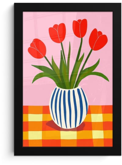 Poster in lijst - Fotolijst 20x30 cm - Posters - Tulpen - Roze - Vaas - Posterlijst zwart - Decoratie - Wanddecoratie woonkamer - Muurdecoratie slaapkamer