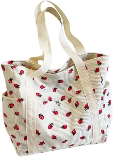QTTVBTNA - 1 stuk Opvouwbare Schoudertas Aardbeien Print - Schouder Tas - Boodschappentassen - Cord Tassen voor Dames - Tas - Lichtgewicht & Ruime Opbergtas voor Werk,Strand en Boodschappen - Mode Accessoire voor Vrouwen en Meisjes - 39x33x9 cm - Wit