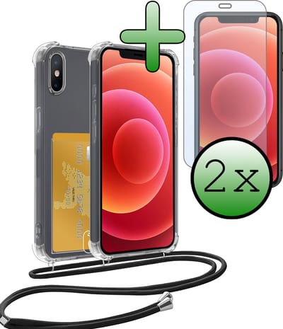 Hoes Geschikt voor iPhone Xs Max Hoesje Pas Houder Shock Proof Case Hoes Met Koord Met 2x Screenprotector - Hoesje Geschikt voor iPhone Xs Max Hoes Met Telefoonkoord Pasjeshouder Cover - Transparant