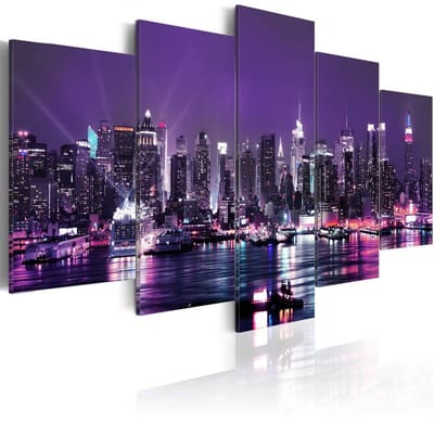 Schilderij - Paarse Nacht over New York , 5 luik