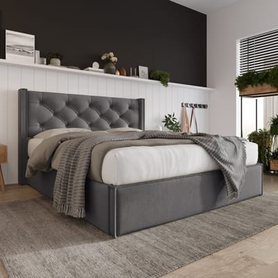 Wishdor Gestoffeerd Tweepersoonsbed 160 x 200 cm – Diep Gecapitonneerd Hoofdbord – Hydraulische Opbergruimte – Retro Katoen – Elastische Grenen Lattenbodem – Stofvrije Oxford-Onderkant – Geschikt voor Slaapkamer – Katoen, Hout en Metaal – Grijs