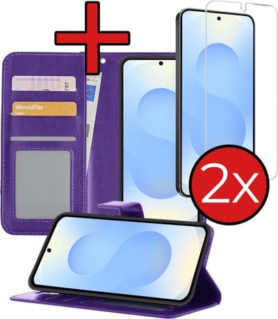 Hoesje - Met 2x Screenprotector - Geschikt voor Samsung Galaxy S25 - Luxe Pasjeshouder - Flip Case - Bookcase Portemonee - Kunstleer Book Case - Flipcase Hoes - Book Cover - Walletcase - Portemonneehoes - Telefoonhoes - Paars