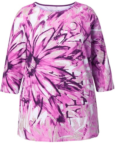 Ulla Popken - Dames - Pima-katoen shirt siersteentjes A-lijn boothals 3/4-mouw - Bes - Maat 42+