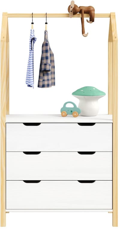 Kinderkamer-ladekast AMIRA met kledingstang – naturel/wit