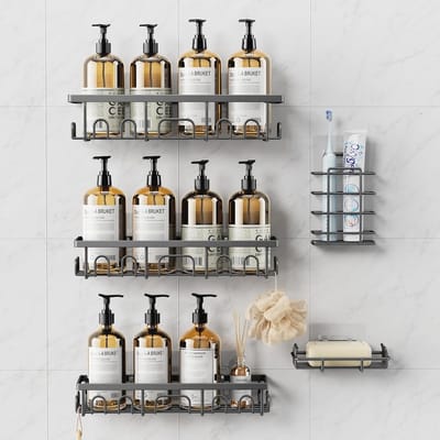 5 stuks doucheplankjes, roestvrij staal, badkamerorganizer, rek, accessoires, zeeptandenborstelhouder, badkamerrek, sneldrogend, douchemand zonder boren, grijs