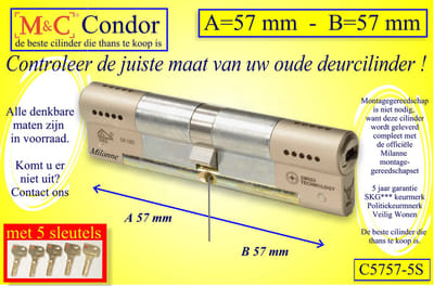 M&C Conder high-tech security deurcilinder 57x57 mm MET 5 SLEUTELS - SKG*** - Politiekeurmerk Veilig Wonen - inclusief MilaNNE gereedschap montageset