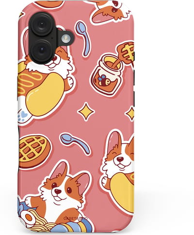 Casetastic hoesje geschikt voor Apple iPhone 16 - MagSafe - Dubbellaagse bescherming - Corgi snacks - Fashion Case - Koraal Terracotta Lichtgrijs Goud
