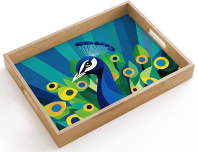 Dienblad hout 40x30 cm - Schootdienblad - Pauw - Cirkels - Blauw - Borrelplank rechthoek - Plateau dienbladen