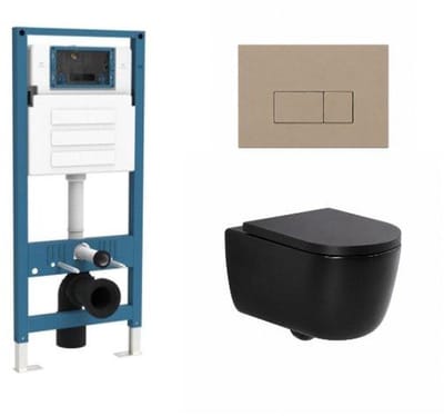 QeramiQ Dely Swirl Toiletset - inbouwreservoir Qeramiq Flush - 35mm zitting - kunststof taupe bedieningsplaat - rechthoekige knoppen - mat zwart