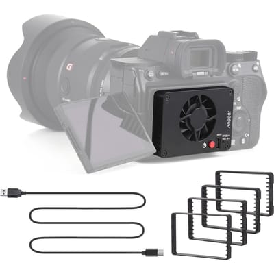 Andoer FS-04B camerakoelventilator extern koelsysteem met 2 ventilatorsnelheden 4 stuks montageadapter zwart