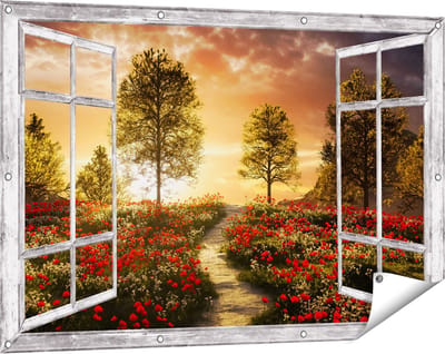 Gards Tuinposter Doorkijk Mooi Landschap met Rode Bloemen en Zonsondergang - 120x80 cm - Tuindoek - Tuindecoratie - Wanddecoratie buiten - Tuinschilderij