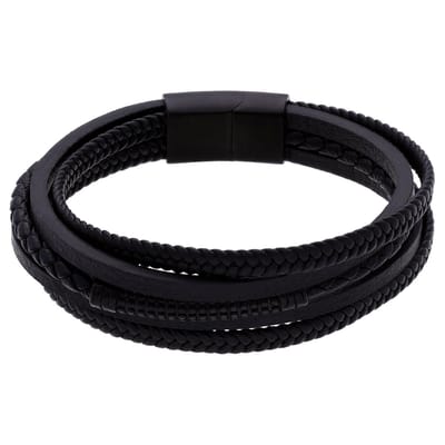 Lucardi - Heren Stainless steel herenarmband gevlochten leer zwart - Armband - Staal - Zwart - 21 cm