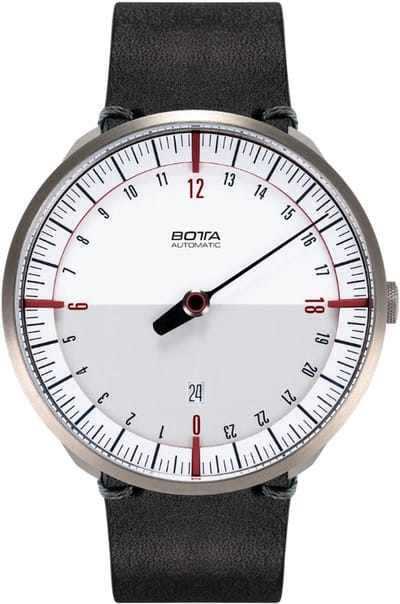 BOTTA Horloge UNO 24 Automatisch 24-uurs – Eenwijzer – Wit/Rood – Zwart Leren Band – 40 mm