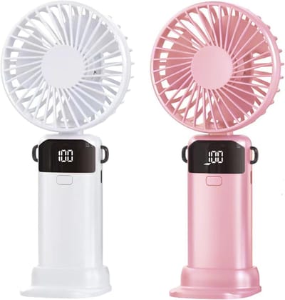 Set van 2 oplaadbare handventilatoren met led-display, 3-in-1 miniventilator (handventilator/nekventilator/bureauventilator), 5 snelheden, verstelbare handventilatoren, geschikt voor thuis, make-up, reizen en sporten (wit, roze)