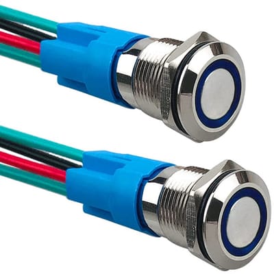 Set van 2 Momentane Drukknop Schakelaars 12mm Blauwe LED 12V/24V IP66 Roestvrij Staal
