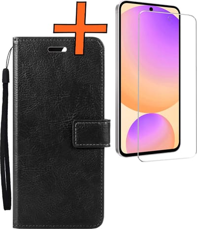 Hoes - Met Screenprotector - Geschikt voor Samsung Galaxy S24 FE - Luxe Pasjeshouder - Bookcase Portemonee - Flip Case - Kunstleer Book Case - Flipcase - Book Cover - Walletcase - PortemonneeHoes - Zwart