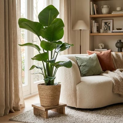Green boutiQ - Kamerplant - Paradijsvogelplant - Strelitzia Nicolai - Groen - Weinig onderhoud - 1 Plant - met Mand - Pot 21cm - Hoogte 80 - 90cm