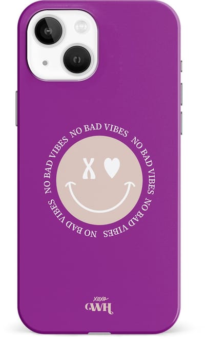 xoxo Wildhearts No Bad Vibes Purple - Single Layer - Hard case hoesje geschikt voor iPhone 13 hoesje - Hoesje met smiley / emoji - Beschermhoes geschikt voor iPhone 13 case met print - paars