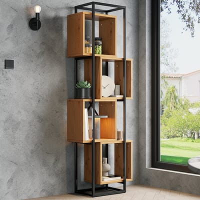 Boekenkast - 59x30x180 cm - Open Rek met 4 Vakken en Stapeldesign - MDF en Metaal - Bruin