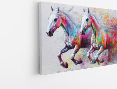Saammp Canvas Schilderij - 2 Kleurrijke abstracte paarden - Dieren - Natuur - 45x30 - Foto op canvas - Wanddecoratie - muurdecoratie Woonkamer - Slaapkamer decoratie - Canvas Print